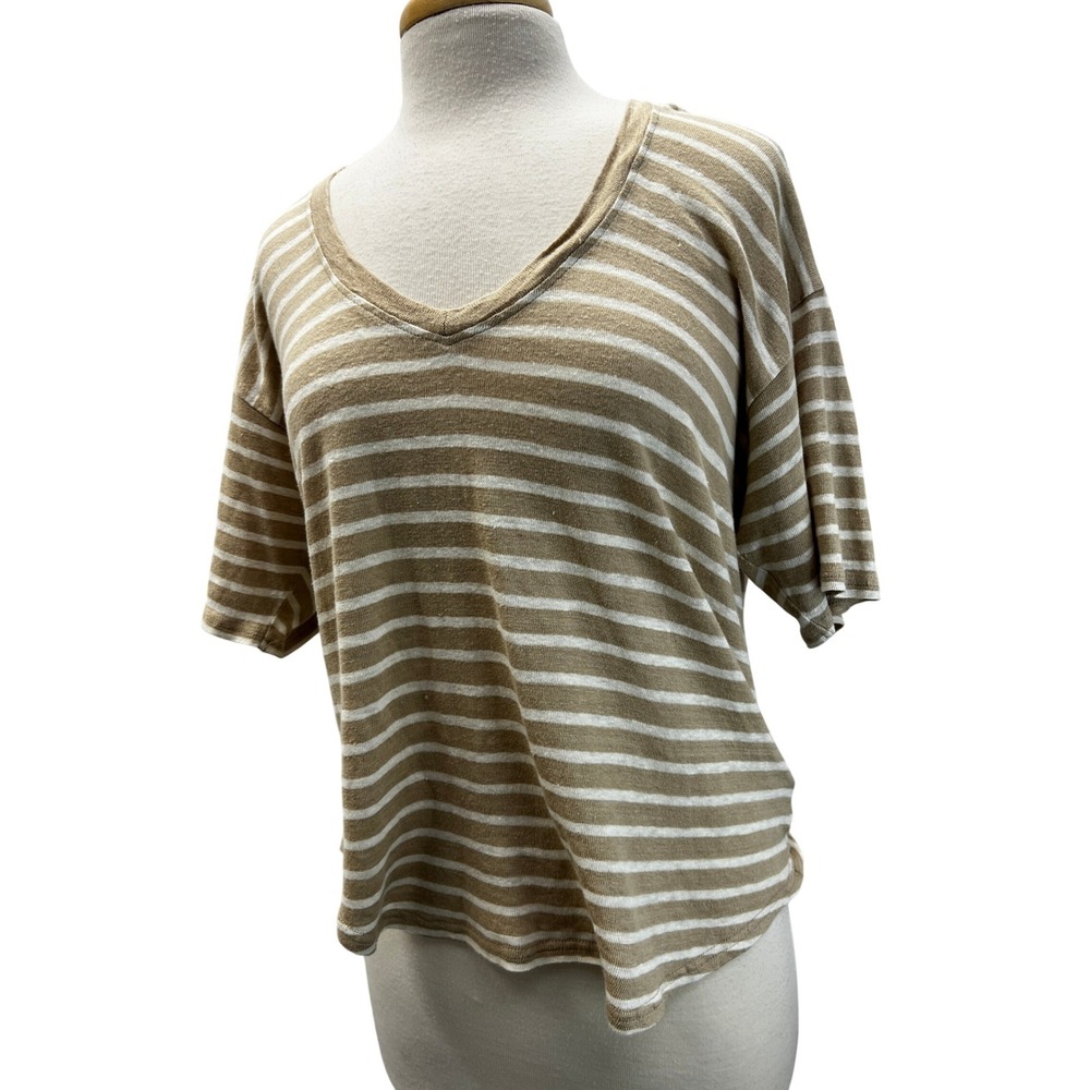 Faherty V-Neck Tee Women M Tan Excellent Striped 100% Linen Short Sleeve Top